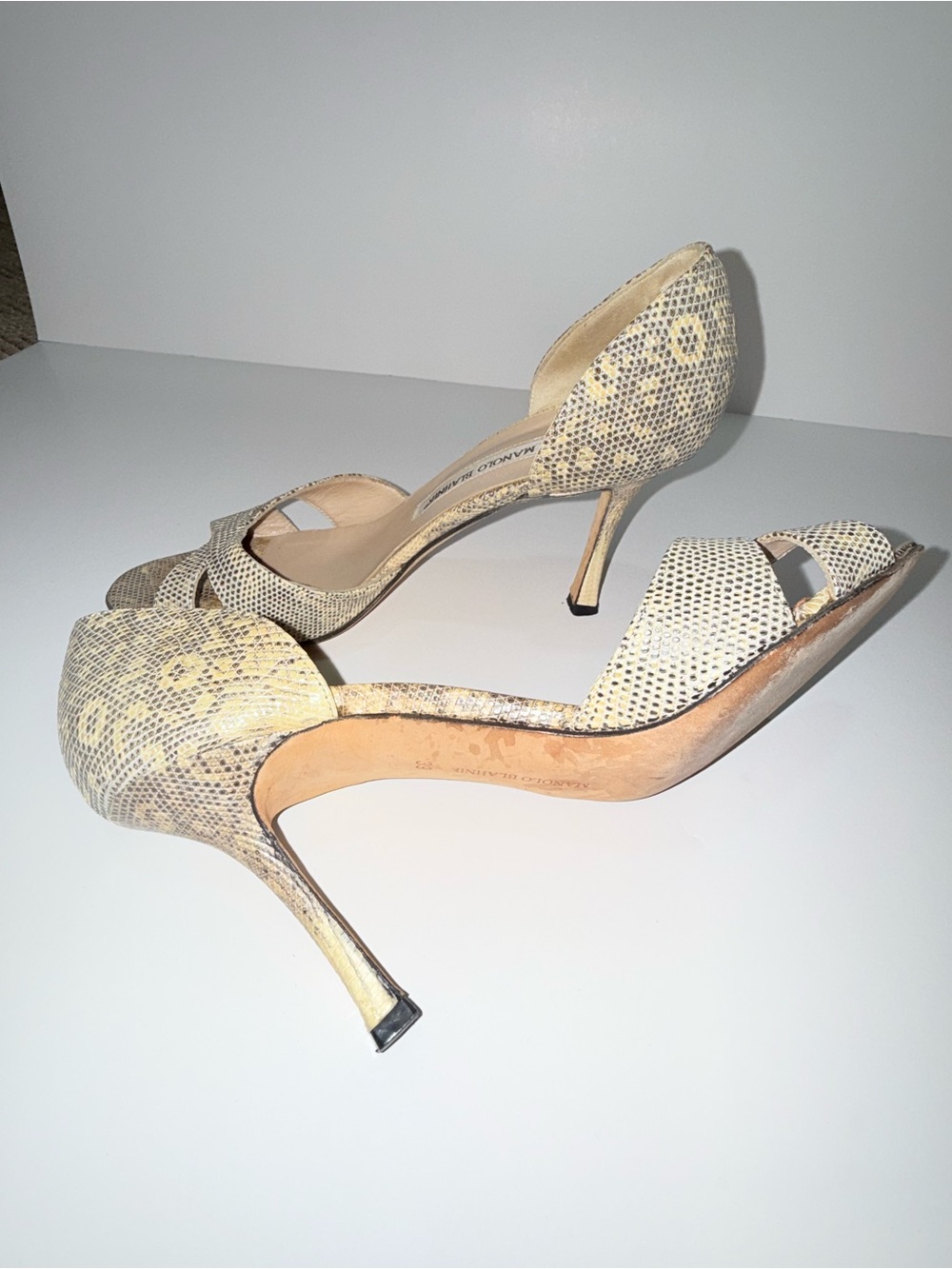 Manolo Blahnik Cream Snake-Print D'Orsay Open-Toe Heels